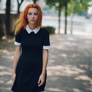 Wednesday Addams style black collared mini dress